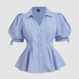 Blue Striped Puff Sleeve Peplum Top