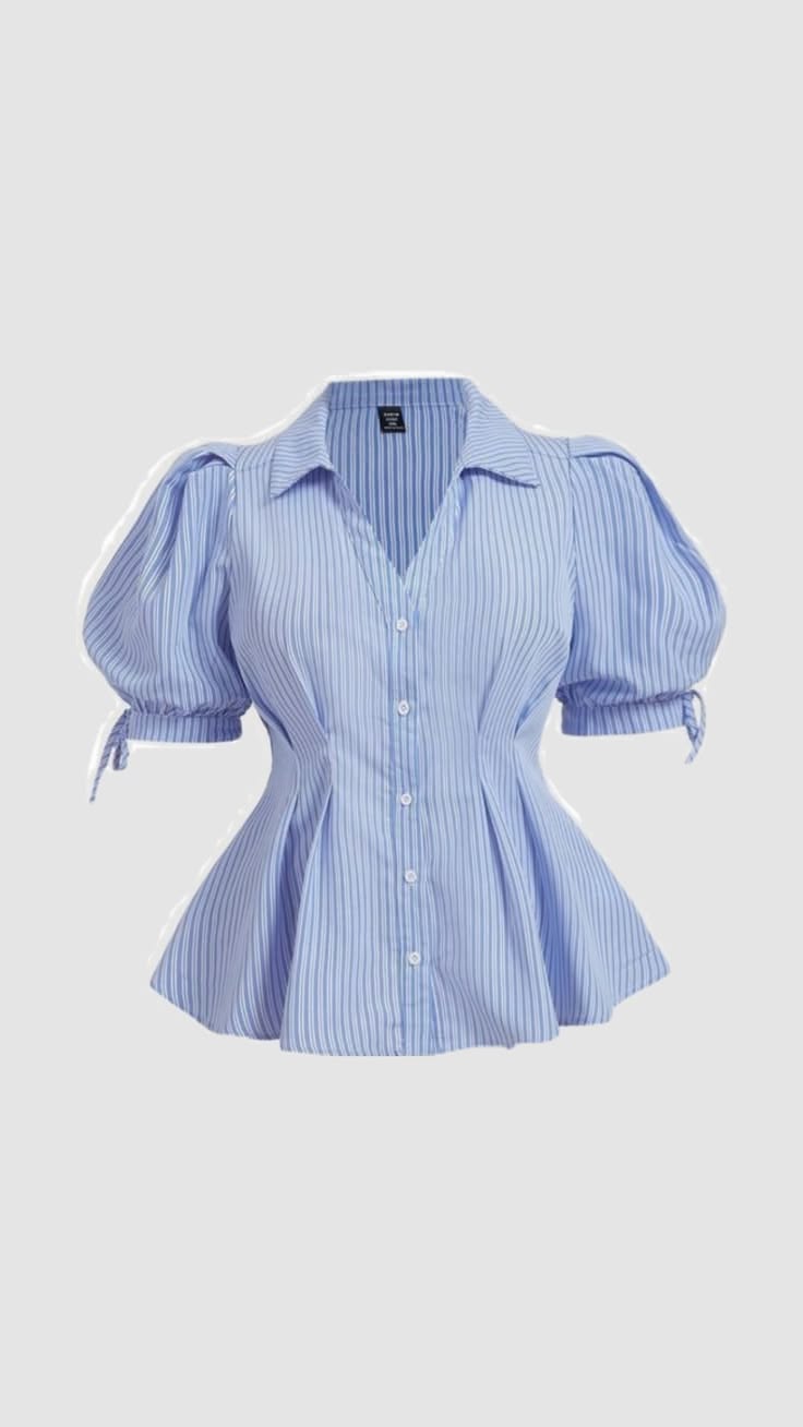 Blue Striped Puff Sleeve Peplum Top